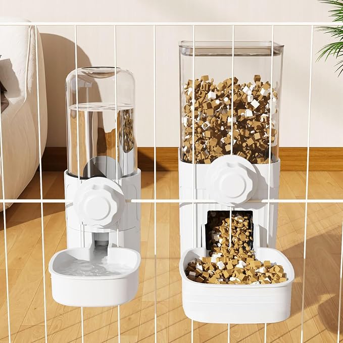 Hanging Automatic Food Water Dispenser,Rabbit Feeder Guinea Pig Water Bottle Food Feeder for Ferret Guinea Pig Rabbit Bunny Cage Accessories (White)