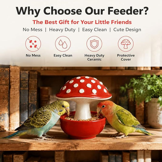 Ceramic Mushroom Bird Feeder No Mess, Spill Proof Bird Food and Water Bowl for Cage, Covered Dispenser for Parakeet, Budgie, Cockatiel, Lovebird, Hamster Accessories, 4.3" Tall