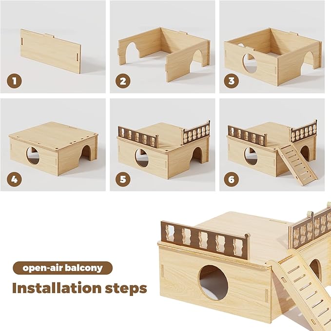 Wooden Hamster Platform and Dwarf Hamster House,Cute Syrian Hamster Tiny House Hideout,Large Balcony Lookout Holes,for Dwarf Gerbils and Mouse Mice Rat Other Small Animals(G)
