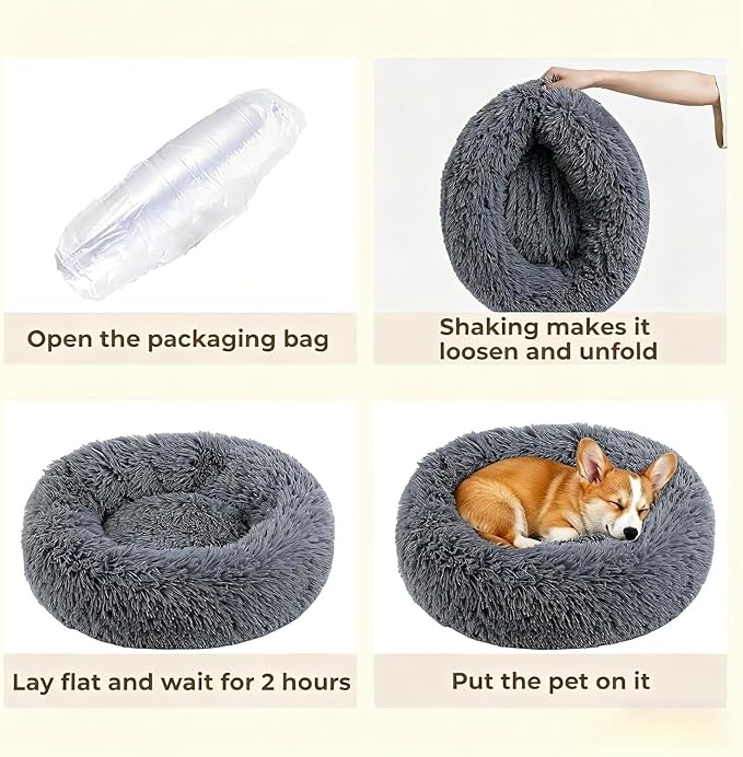 Calming Large Donut Dog and Cat Bed, Anti-Anxiety Round Soft Fluffy Plush Faux Fur Washable Anti-Slip Pet Bed for Medium Dogs Up to 35 lbs 28in Dark Gray