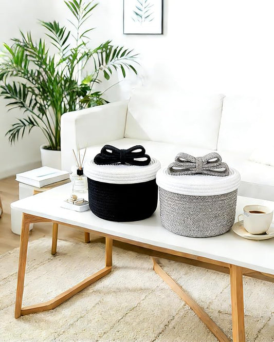 Decorative Storage Baskets with Lids, Small Woven Rope Basket with Lid, Decorative Basket for Home Decor, Dog Toy Storage Baskets with Cute Bow Handle, grayish-brown