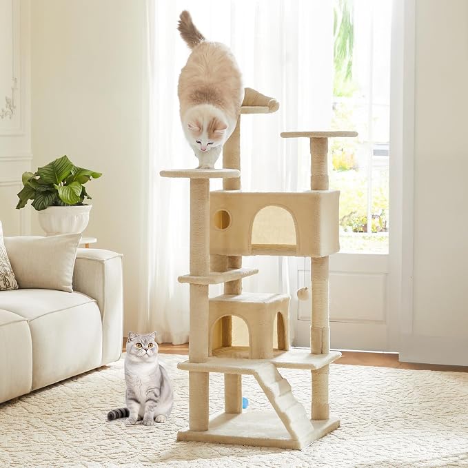 DUMOS 54 Inch Indoor Cat Tree Tower with Scratching Posts, Multi-Level Pet House for Large Cats with 2 Condos, Round Platform, Small Ladder, and Toys – Perfect for Cats of All Ages, Beige