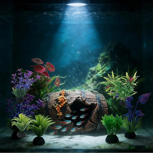 9 Pcs Aquarium Artificial Plastic Glass Plants and Rock Cave Decor Set, Goldfish Betta Fish Tanks Decoration Accessories Green Plants, Simulation Water Plant Corals Ornaments
