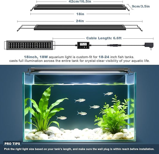 LED Aquarium Light Full Spectrum Fish Tank Light with RGB Brightness/Color Stepless Adjustment, 24/7 Day-Night Cycle Mode, Auto On/Off Timer, IP68 Waterproof (18W for 18'' - 24'' Tank)