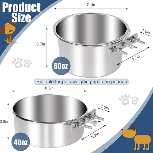 Dog Crate Water Bowl No Spill, 2 Pack Stainless Steel Large Dog Bowls, Hanging Dogs Kennel Water and Food Bowls for Crate Cage,Metal Feeder Dish Coop Cup for Medium Large Dogs Pets