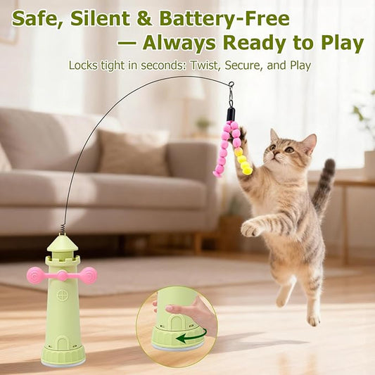 Interactive Cat Toys for Indoor Cats, Windmill Feather Cat Teaser Wand, Bouncy Kitten Toys with Strong Suction Cup Base for Bored Felines & Self-Played Enrichment Green