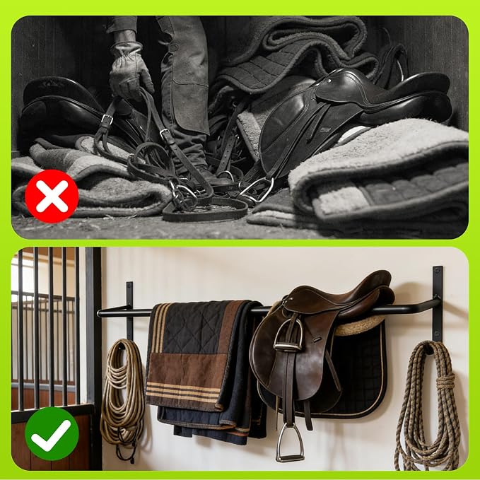 2Pcs Heavy Duty Horse Blanket Rack with Bridle Hooks, Wall Mounted Assembled Blanket Bar, Saddle Pad Rack for Horse Tack Storage, Black