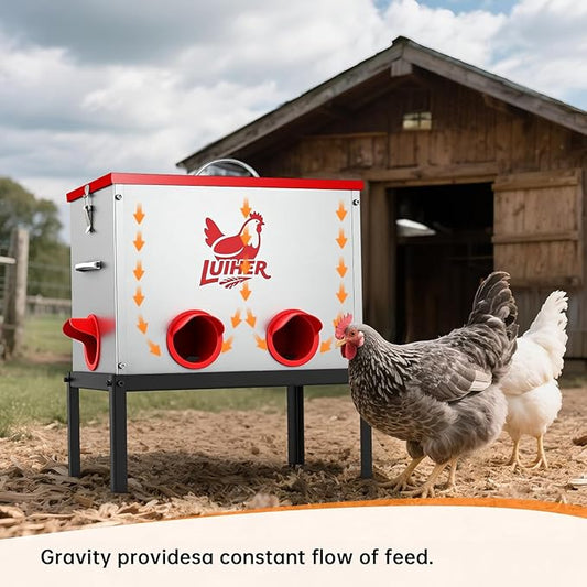 LUIHER Chicken Food Dispenser 40lb 6 Ports Large Capacity Galvanized Metal Poultry Feeder with Legs and Lids - Reduces Refilling Frequency - No Waste Chicken Feeding Equipment for Hen Coop