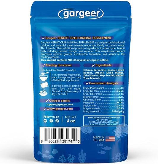 Gargeer 4oz Hermit Crab Mineral Supplement. Using Premium Ingredients ONLY, You Will Now Promote Optimal Growth, Exoskeleton Formation, and Support The Molting Process. Enjoy!
