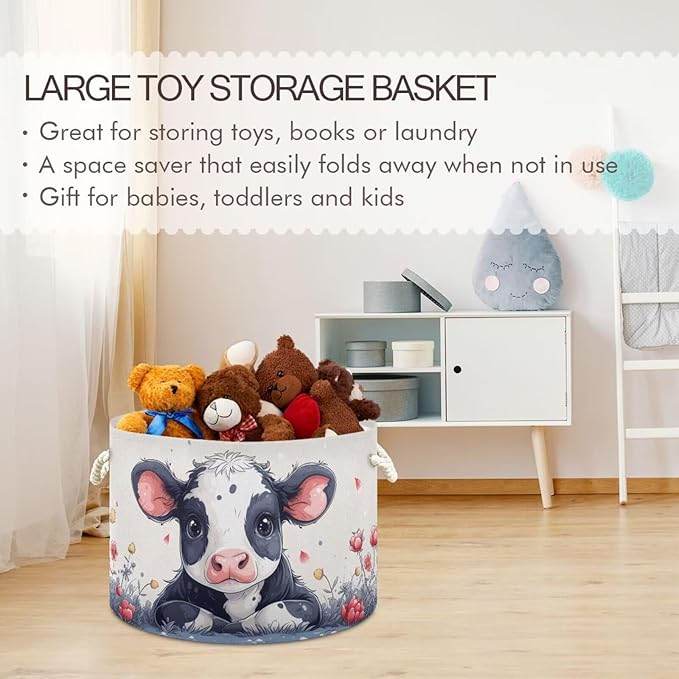 Cow Print Round Storage Basket Cute Animal Flower Large Laundry Hamper 20 x 20 x 14 Inches Organizer Bin with Cotton Rope Handles Clothes Storage Bag for Nursery Bedroom Living Room Decor