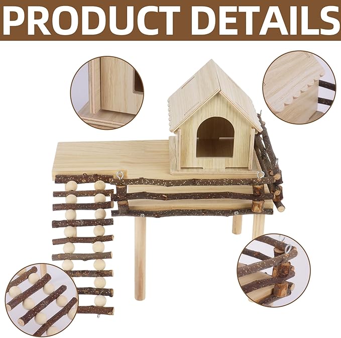 Wooden Hamster House and Platform, Hamsters Platform with Ladder, Hamster Cage Accessories, Cute Small Pets Toy for Hiding Sleeping Activities Habitat Decor