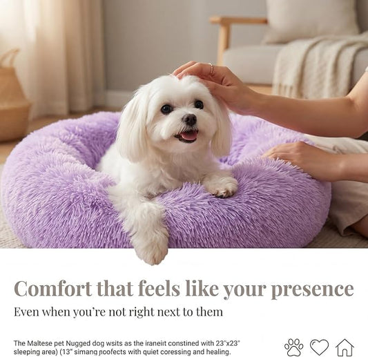 Calming Donut Dogs Beds for Small Dogs Washable,23inch Plush Round Pet Bed for Cozy Sleep,Fluffy Faux Fur Large Cat Bed,Fits up to 25 lbs Pets,Purple