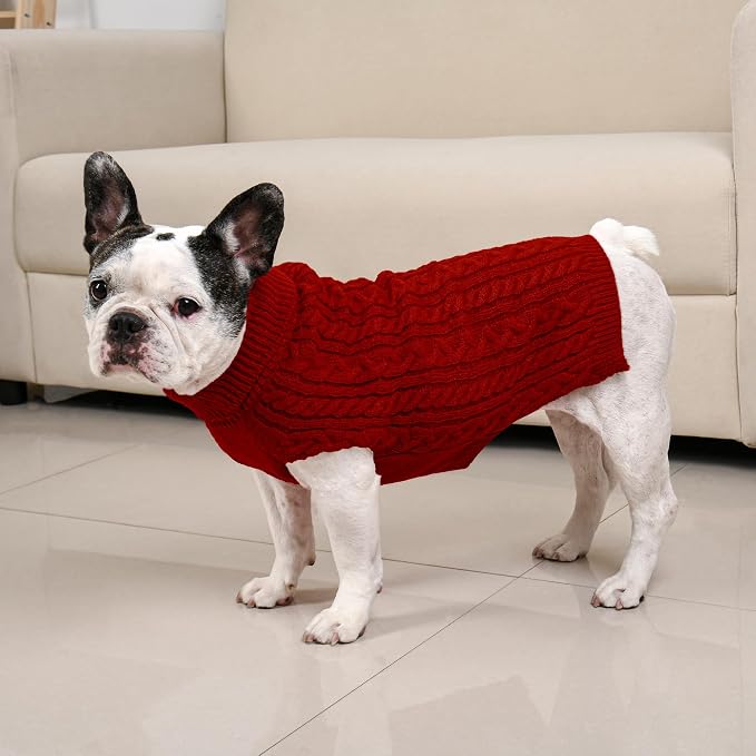 Dog Sweater 2 Pack for Medium Dogs, Size M, Red & Brown | Stretchy cable knit turtleneck, machine washable, high belly cut, comfy winter fit for French Bulldog, Pug