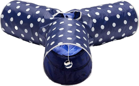Cat Tunnel - Collapsible 3 Way Polka Dot Play Toy - Tube Fun for Rabbits, Kittens, and Dogs - Polka Dot Navy/White
