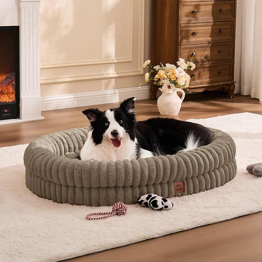 ChiXnuggle XL Dog Bed - Luxury Striped Faux Fur Waterproof Dog Couch with Removable Washable Cover, Orthopedic Dog Bed with Bolster Sides for Sleeping, Taupe