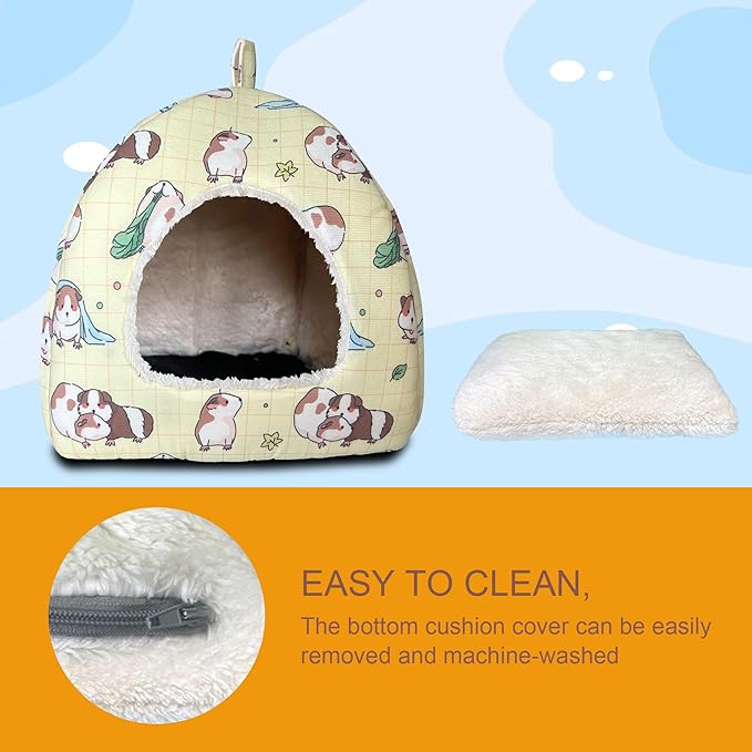 Guinea Pig Hideout Bed 11.8-Inch Cube - Cozy Small Animal House for Guinea Pigs, Chew-Proof Hideaway with Ventilation (Yellow, Adorable Guinea Pig Print)