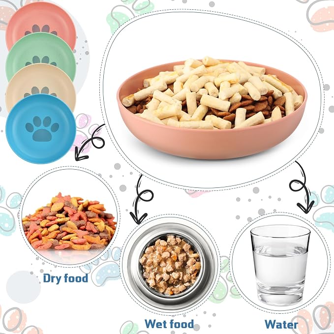 Tioncy 24 Pcs Cat Food Bowl 5.5'' Fatigue Relief Shallow Cat Food Dish Wide and Small Pet Wet Plate Wide Stray Wet Feeding Bowl for Ferrets Feral Short Legged Kitten, Wheat Straw(Four Color,Cute)