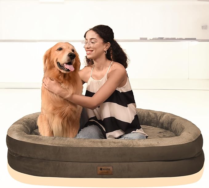 Orthopedic Dog Bed for Large Dogs, Waterproof Dog Bed for Large Size Dogs with Bolsters, Egg Crate Foam Sofa Bed with Washable Removable Cover & Non-Slip Bottom, Coffee
