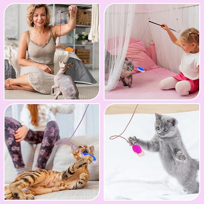 simarro 3 Pcs Cat Feather Wand Toys, Interactive Cat Teaser Wand Toy for Indoor Cats Adult, Colorful Feather Kitten Cat Stick Toys for Indoor Cats Play Chase Exercise