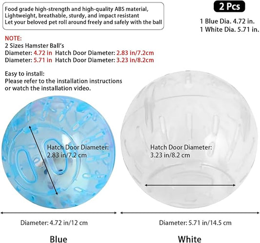2Pcs Rotundity Hamster Balls, Breathable and Sturdy Dwarf Hamster Exercise Balls Running Wheel Gerbil Toys, Small Animals, Portable Small Pet Supplies (White & Blue),2 Sizes 5.7 & 4.7in. 