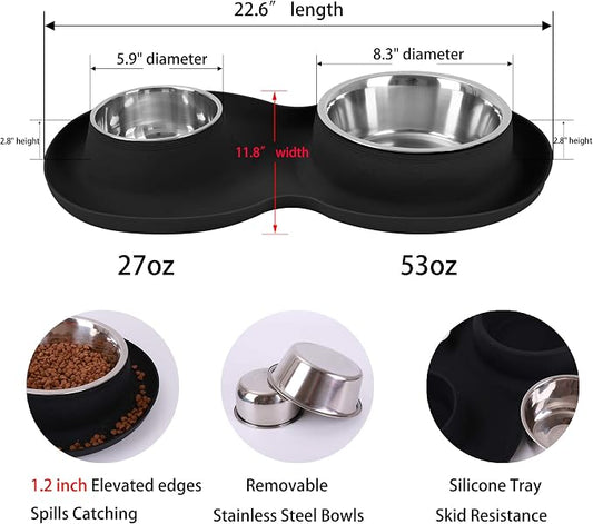 100% Waterproof BPA Free Pet Dog Bowls2 Stainless Steel(53oz+27oz) with 1.35“ Raised Edge Silicone Mat + Slow Feed Dog Water and Food Bowls for Feeding Small Large Dogs Cats Puppies (Black)