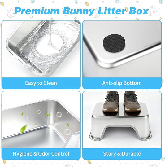 YUEPET 4-in-1 Large Rabbit Litter Box, Non-Slip Stainless Steel Litter Boxes with Sifting Grid & Hay Feeder Food Bowl, Easy Cleaning Bunny Litter Box with Odor Control for Rabbits Small Pets(S)