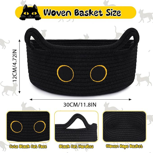 Black Cat Toy Basket for Nursery, Small Cute Cat Oval Woven Cotton Rope Blanket Storage Basket, Baby Shower Blanket Hamper 0rganize Box with Handles,Gifts Empty Storage Cat Bin,12"D x 5"H in