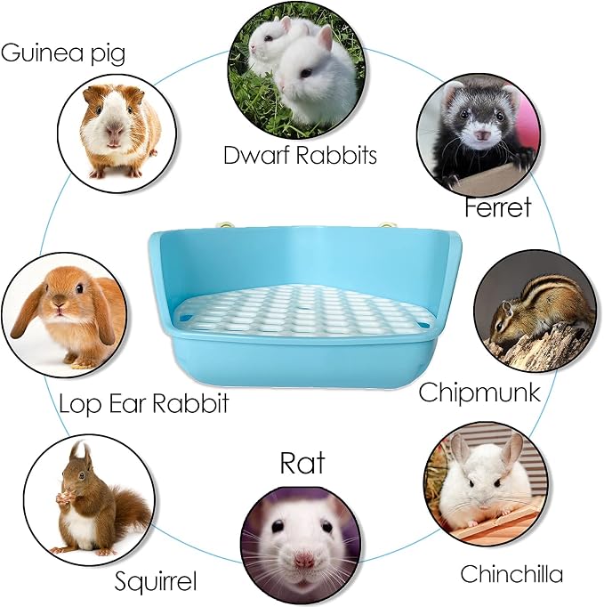 kathson Rabbit Litter Box Pet Toilet Cage Box Potty Trainer Corner with Small Animal Cage Cleaner Broom Brush Dustpan for Bunny Chinchilla Guinea Pig Ferret(Blue)