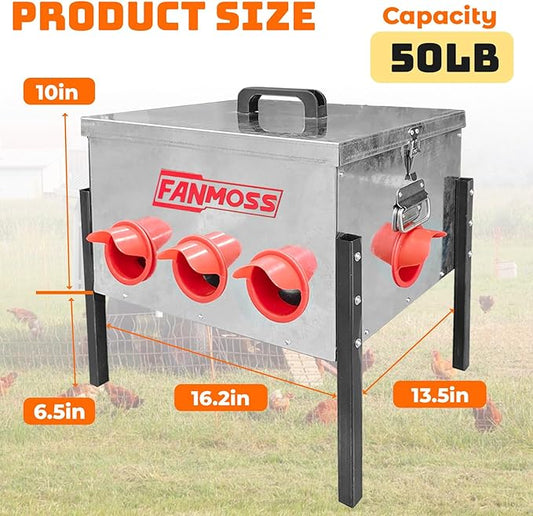 50lb Automatic Chicken Feeder, 8 Ports No Waste Chicken Feeder with Locking Lid, Adjustable Legs & Waterproof Silo, Large Metal Poultry Feeder for Hens, Ducks, Geese, Poultry
