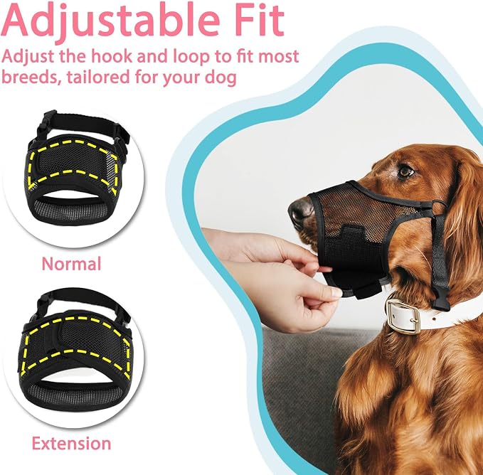LUCKYPAW Dog Muzzle, Mesh Dog Muzzle for Large Medium Small Dogs, Soft Mouth Guard for Biting Chewing, Breathable Mouth Cover with Adjustable Strap for Training (Black, S(Snout:7.75"-8.75"))