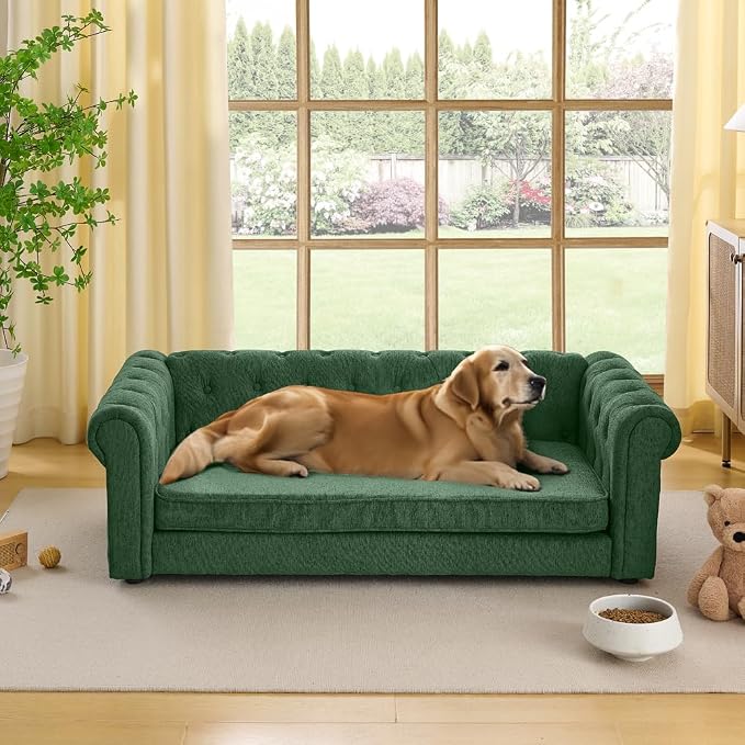 Large Dog Couch, for Large & Extra Large Dogs | Removable & Washable | No Assembly Required | Breathable Linen Fabric | Soft Foam |Floor-friendly sofa legs | Olive Green