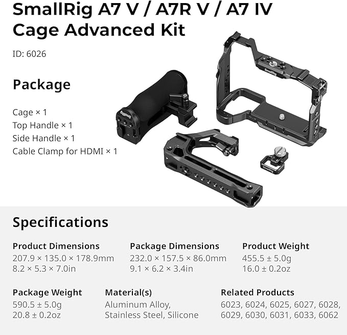 SmallRig A7 V / A7R V / A7 IV Cage Advanced Kit for Sony Alpha 7 V/Alpha 7R V/Alpha 7 IV, with Quick Release Plate for Arca, Includes Top Handle/Side Handle/Cable Clamp for HDMI