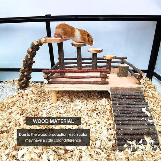 Hamster Climbing Toys - Wooden Activity Set with Large Bridge, Apple Wood Chewing Toys for Small Pets