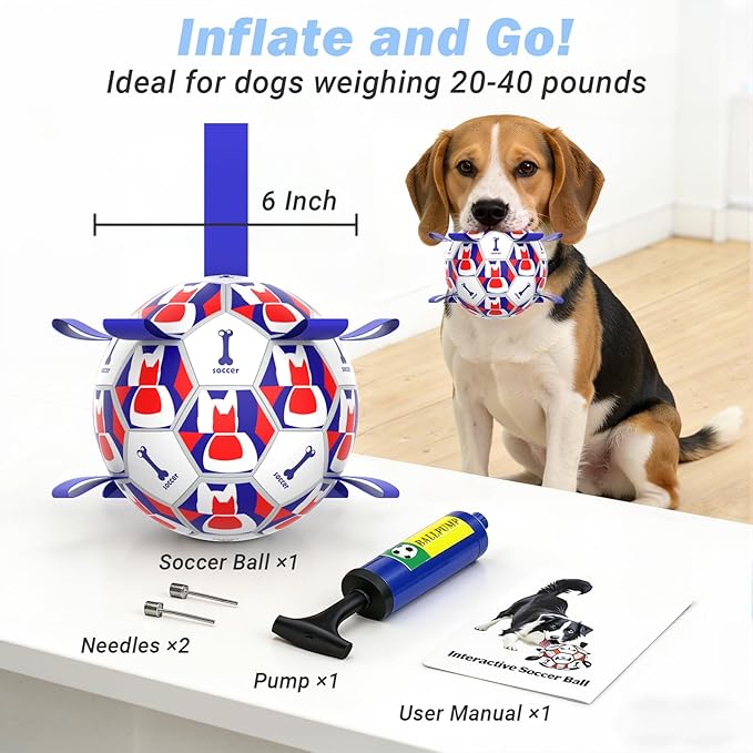 Dog Toy Balls, Dog Soccer Ball with Straps, Interactive World Cup Soccer Ball for Medium Dogs, Water Fetch Toys, Tug-of-War, Herding Ball Toys Outdoor, Dog Birthday Toy, Blue (6 Inch)