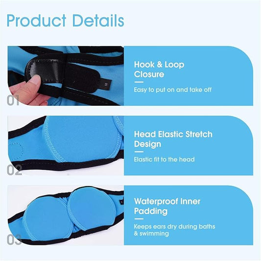 Dog Snood Ear Protectors,Waterproof Dog Ear Cover,Adjustable Dogs Ears Muffs Noise Protection,Dogs Ears Defenders,Pet No Shake Head Wraps for Ear Hematoma Grooming Firework Force Drying,Blue,M