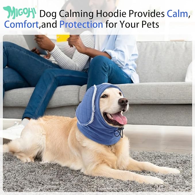 MIGOHI Soft Dog Ear Muffs Noise Protection,Ear Covers for Dogs,Dog No Flap Ear Wrap for Hematoma,Calming Hoodie Quiet Ears Head Warps for Medium Large Dogs Grooming,Bathing,Thunder,Firework,L,Blue