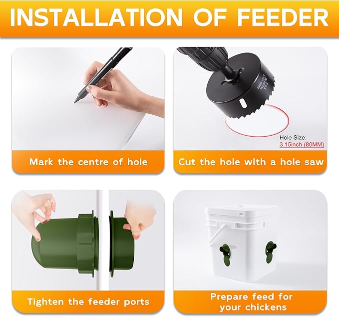 Chicken Feeder Port 12 Pack - No Waste DIY Poultry Feeding Kit with Stopper Lid & Hole Saw, Reusable Rain Proof Automatic Coop Gravity Feeder for Hens Ducks Geese (Green)