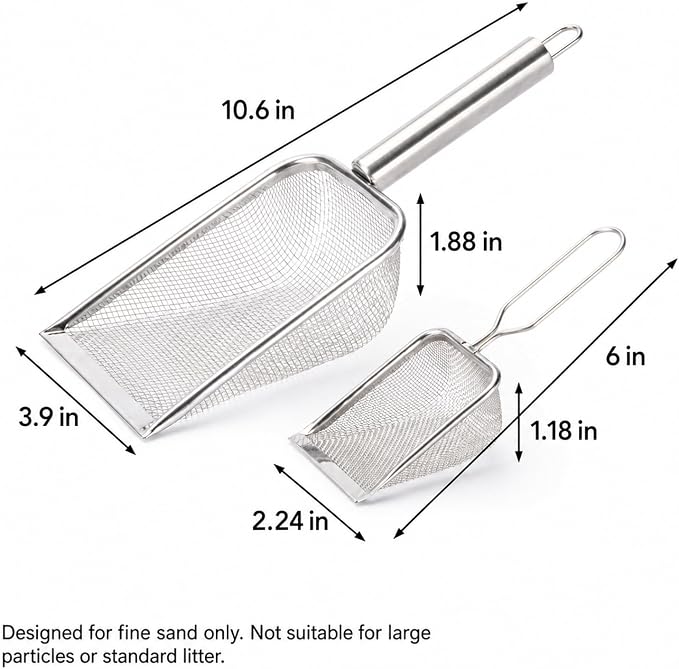 Stainless Steel Hamster Sand Scoop Set, 1mm Fine Mesh & Standard Scoop Combo, Small Pet Sand Bath Cleaner for Hamsters, Gerbils, Mice, Reptiles, Easy Sifting for Fine Sand