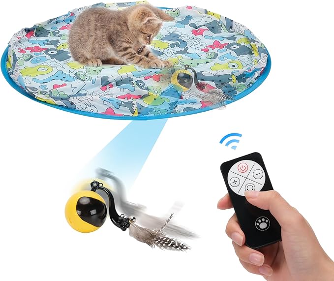 Interactive Remote Control Cat Toy with Sound & Light Locator, Hidden Rolling Ball Under Playmat, Bird Chirp & LED, Touch-Activated, USB Rechargeable Indoor Hunting Toy Blue+Yellow