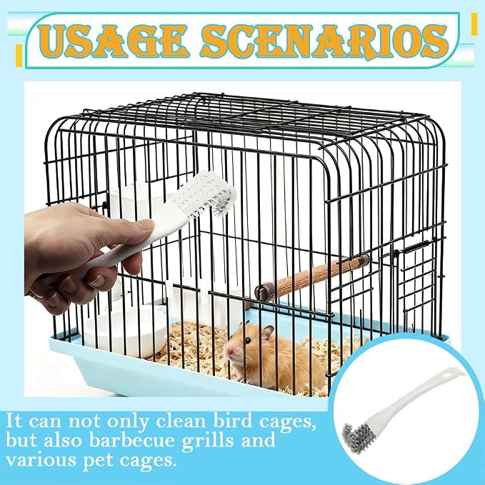 2 PCS Bird Cage Brushes with Scraper, 2-in-1 Birds Cage Cleaner Brush & Scoop with Long Handle and Curved Head for Cleaning Parrot & Pet Cages & Bird Perch (White)
