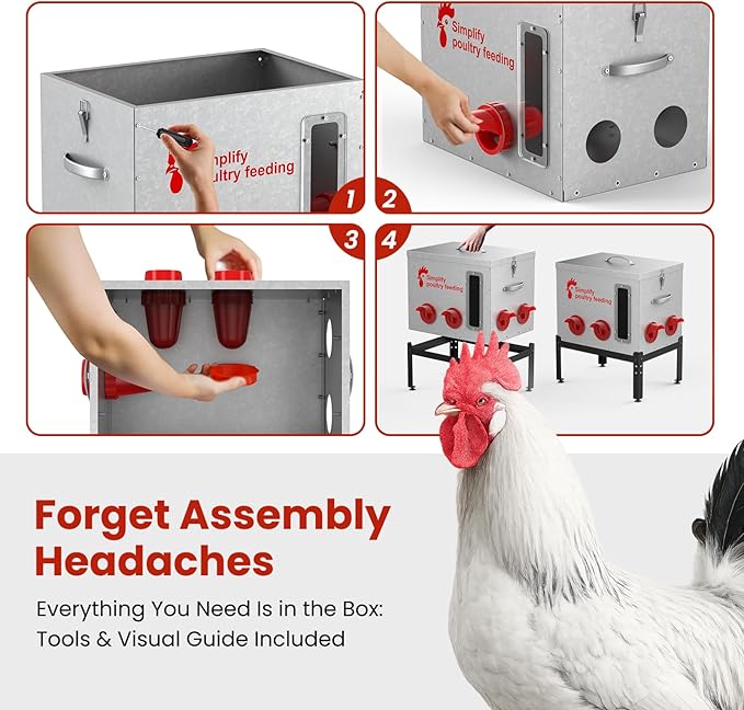 Hiqufet 55 lb Large Automatic Chicken Feeder with Window, 7 No-Waste Ports – Outdoor Metal Chicken Feeders with Adjustable Stand, Rodent-Resistant Design & Riveted Handles for Chicken, Ducks & Poultry