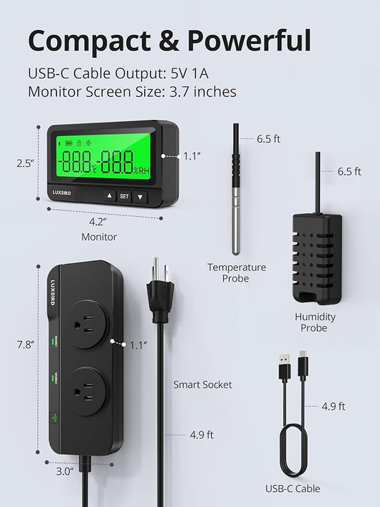 LUXBIRD WiFi Temperature Humidity Controller LTC-318-W with Monitor, App Control for Reptile Terrarium Greenhouse Grow Tent,2-Year Warranty (Black)