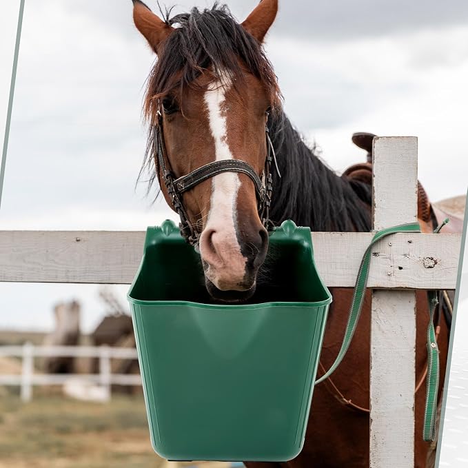 Marsui 4 Pack 15 Quart Horse Feeders for Stall Hook Over Hanging Fence Hay Feeder Mountable Livestock Plastic Feed Bucket for Farm Stalls Pasture, Stable to Feed Horses Sheep Cattle Cows Etc(Green)