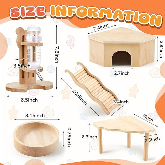 5 Pcs Hamster Cage Accessories, Wood Hamster Play Wooden Platform Water Bottle with Stand Climbing Set for Rat Mice Small Animals Pets Habitats Woodland Decor(Scalloped Platform)