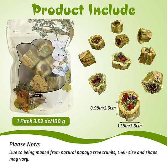 PINVNBY Rabbit Chew Toys Natural Papaya Wood Bunny Treats with Grass Carrot Apple and Sweet Potato Guniea Pig Molar Snacks for Hamster Chinchilla Gerbil Small Animals Teeth Grinding (3.52 oz)