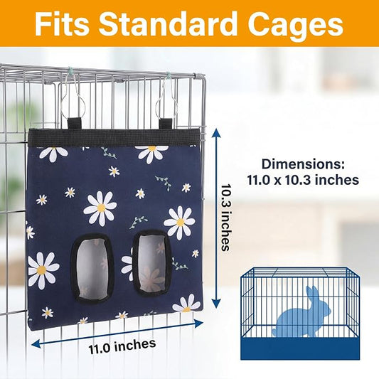 Ondware Rabbits Hay Feeder Bag for Bunny - Hanging Washable Dual-Port Hay Dispenser for Rabbits, Guinea Pigs; 600D Oxford Fabric, Collapsible, Blue Daisy Pattern