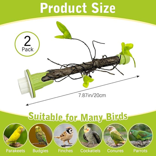 PINVNBY 2 PCS Bird Perches Simulation Branch Parrot Cage Perch Stand with Green Leaf Hanging Paw Grinding Fork Cage Accessories for Parakeets Budgies Finches Cockatiels Conures