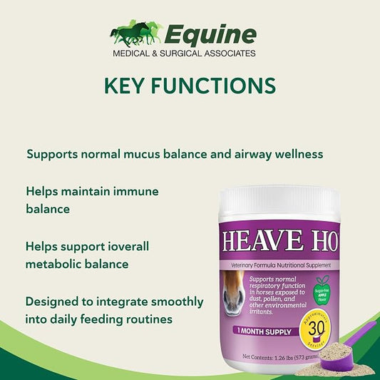 HEAVE HO Equine Respiratory Support Supplement for Horses, Supports Normal Lung & Immune Function, Sugar Free Apple Flavor, 30 Servings