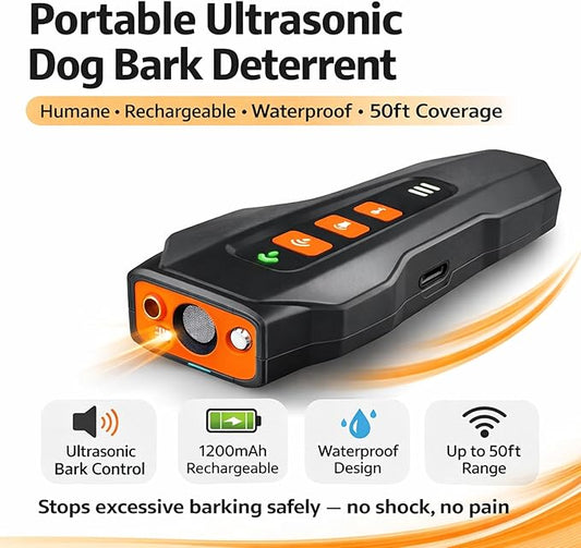 Dog Anti Barking Device - Portable Ultrasonic Dog Bark Deterrent with Rechargeable 1200mAh Battery, Waterproof, 50ft Coverage & 20-Hour Battery Life - Dog Barking Stopper Suitable for All Dogs