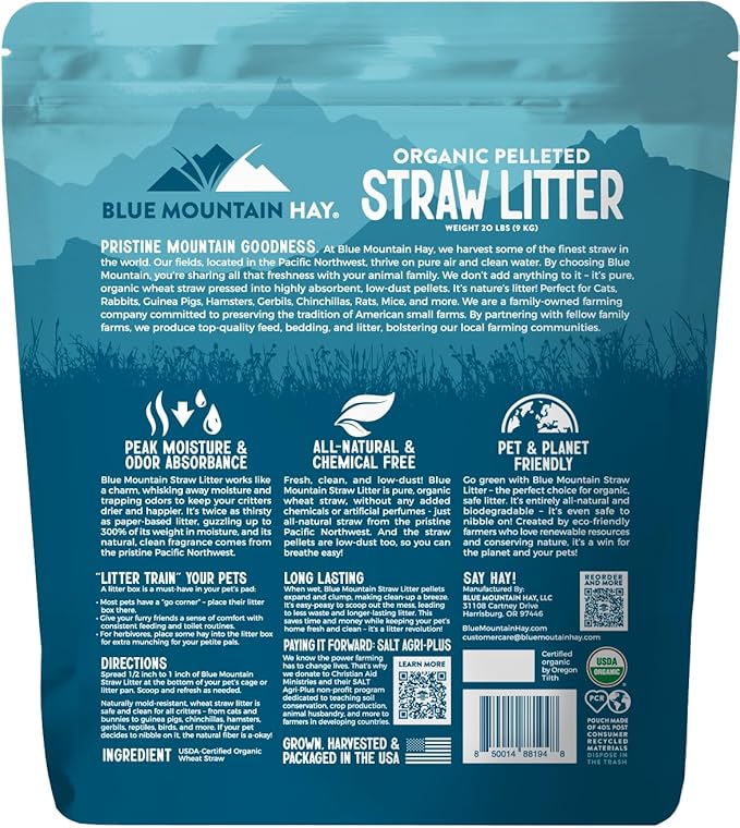 Blue Mountain Hay Organic Small Animal Pet Litter and Bedding (20 lb), Pelleted Wheat Straw Cage and Litter Box Liner, Safe Organic Materials, Dust-Free, Highly Absorbent, Natural Odor Control